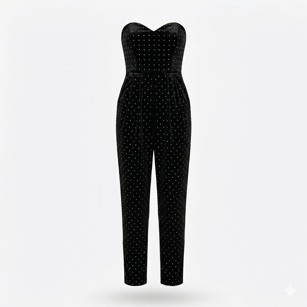 Monique Lhuillier Black Velvet Strapless Silver Studs Jumpsuit Size 6